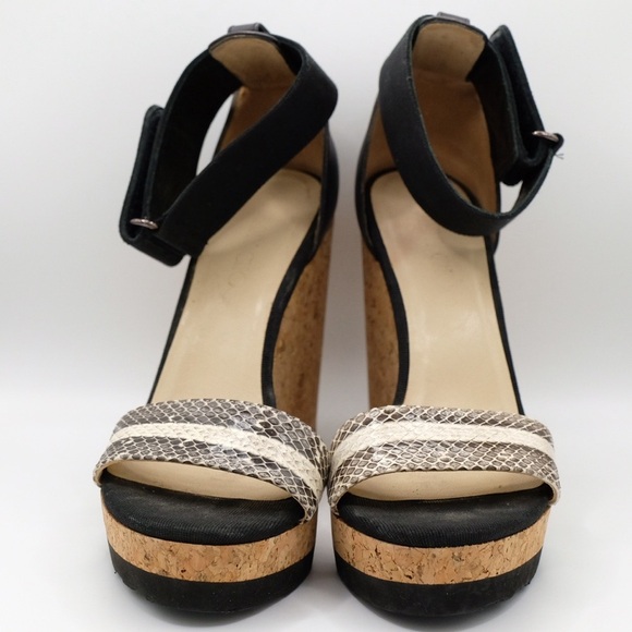 Jimmy Choo Neston Snake Cork Wedge Sandals 38.5 Black Snakeskin Leather - Picture 5 of 16